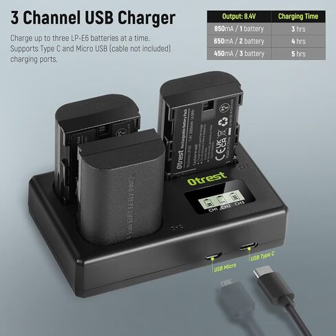 مجموعة 3 بطاريات وشاحن LP-E6، بطاريات بديلة بقدرة 2000 مللي أمبير في الساعة لـ LP-E6/LP-E6N وشاحن USB ثلاثي القنوات متوافق مع Canon EOS 5D Mark II Mark III Mark IV 5D SR 60D 60Da 6D 70D 7D in Kuwait