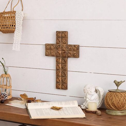 صليب جداري من NIKKY HOME Crucifix - 11 بوصة مصنوع يدويًا من الخشب الريفي الفريد من نوعه يسوع المسيح الكاثوليكي المسيحي الفن الروحي الكنيسة عيد الفصح ديكور معلق، بني in Saudi Arabia