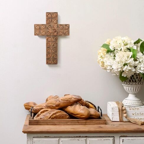 صليب جداري من NIKKY HOME Crucifix - 11 بوصة مصنوع يدويًا من الخشب الريفي الفريد من نوعه يسوع المسيح الكاثوليكي المسيحي الفن الروحي الكنيسة عيد الفصح ديكور معلق، بني in Saudi Arabia