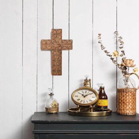 صليب جداري من NIKKY HOME Crucifix - 11 بوصة مصنوع يدويًا من الخشب الريفي الفريد من نوعه يسوع المسيح الكاثوليكي المسيحي الفن الروحي الكنيسة عيد الفصح ديكور معلق، بني in Saudi Arabia