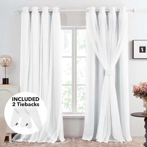 ستائر ديكونوفو الشفافة ذات الطبقة المزدوجة بطول 84 بوصة وطبقتين - ستائر تعتيم الغرفة لغرفة النوم، ستائر معزولة حراريًا مع ربطات عنق، وردي مرجاني in Kuwait