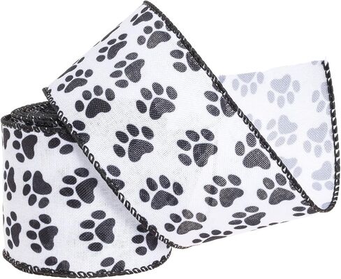 YASEO Dog Paw Print Wired Edge Ribbon, White and Black Animal Pattern Print Ribbon for Wreaths, Wrapping, Crafting and Home Party Decorations, 2.5 Inches x 10 Yards in Saudi Arabia