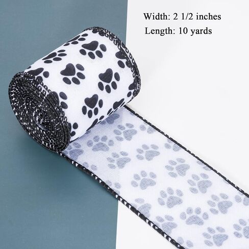 YASEO Dog Paw Print Wired Edge Ribbon, White and Black Animal Pattern Print Ribbon for Wreaths, Wrapping, Crafting and Home Party Decorations, 2.5 Inches x 10 Yards in Saudi Arabia