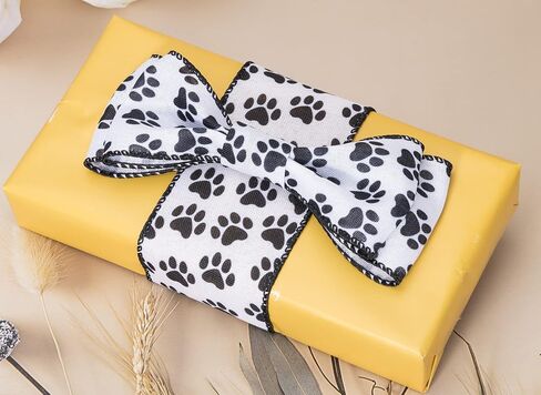YASEO Dog Paw Print Wired Edge Ribbon, White and Black Animal Pattern Print Ribbon for Wreaths, Wrapping, Crafting and Home Party Decorations, 2.5 Inches x 10 Yards in Saudi Arabia