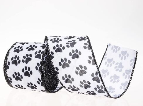 YASEO Dog Paw Print Wired Edge Ribbon, White and Black Animal Pattern Print Ribbon for Wreaths, Wrapping, Crafting and Home Party Decorations, 2.5 Inches x 10 Yards in Saudi Arabia