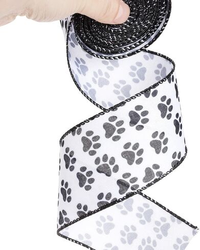 YASEO Dog Paw Print Wired Edge Ribbon, White and Black Animal Pattern Print Ribbon for Wreaths, Wrapping, Crafting and Home Party Decorations, 2.5 Inches x 10 Yards in Saudi Arabia