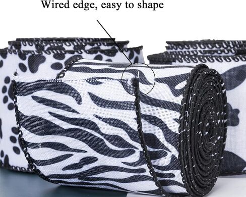 YASEO Dog Paw Print Wired Edge Ribbon, White and Black Animal Pattern Print Ribbon for Wreaths, Wrapping, Crafting and Home Party Decorations, 2.5 Inches x 10 Yards in Saudi Arabia