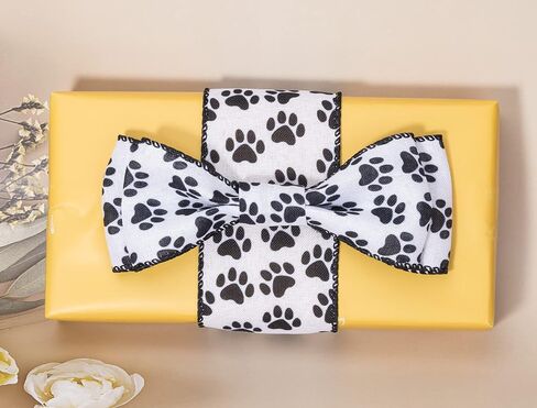 YASEO Dog Paw Print Wired Edge Ribbon, White and Black Animal Pattern Print Ribbon for Wreaths, Wrapping, Crafting and Home Party Decorations, 2.5 Inches x 10 Yards in Saudi Arabia