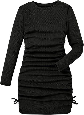 Floerns Girl's Long Sleeve Drawstring Ruched Knot Side Stretchy Fitted Bodycon Pencil Dress in Saudi Arabia