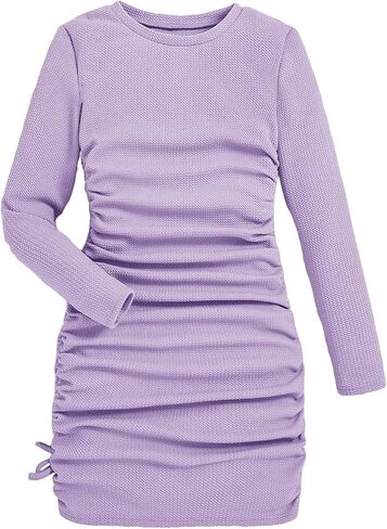 Floerns Girl's Long Sleeve Drawstring Ruched Knot Side Stretchy Fitted Bodycon Pencil Dress in Saudi Arabia