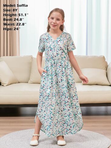 فستان GORLYA للفتيات متوسط ​​الطول بتصميم شيونغسام ملفوف صناعي أنيق ومتعرج ومقسم بجيوب 4-14 سنة in Kuwait