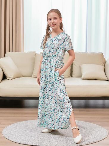 فستان GORLYA للفتيات متوسط ​​الطول بتصميم شيونغسام ملفوف صناعي أنيق ومتعرج ومقسم بجيوب 4-14 سنة in Kuwait