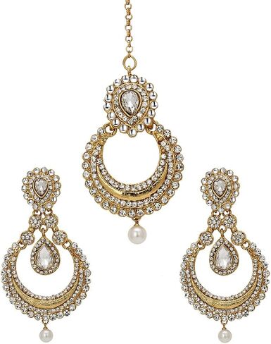 Golden Stone Large Size Indian Earrings & HeadPiece Maang Tikka For Women in Saudi Arabia