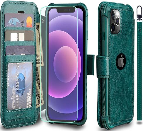 VANAVAGY Compatible for iPhone 12/iPhone12 Pro Wallet Case for Women and Men,RFID Flip Leather Cover with Wrist Supports Wireless Charging with Card Holder and Glass Screen Protector,Midnight Green in Saudi Arabia
