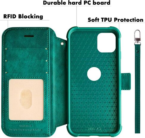 VANAVAGY Compatible for iPhone 12/iPhone12 Pro Wallet Case for Women and Men,RFID Flip Leather Cover with Wrist Supports Wireless Charging with Card Holder and Glass Screen Protector,Midnight Green in Saudi Arabia