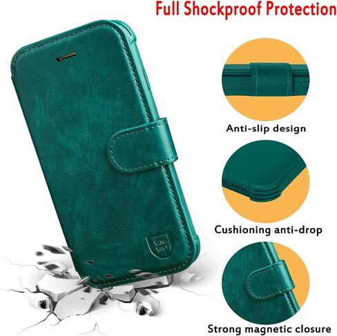 VANAVAGY Compatible for iPhone 12/iPhone12 Pro Wallet Case for Women and Men,RFID Flip Leather Cover with Wrist Supports Wireless Charging with Card Holder and Glass Screen Protector,Midnight Green in Saudi Arabia
