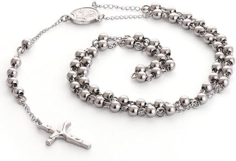 Stainless Steel 6mm Beads Rosary Catholic Necklace Holy Medal & Crucifix 32inch in Saudi Arabia