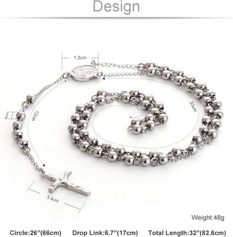 Stainless Steel 6mm Beads Rosary Catholic Necklace Holy Medal & Crucifix 32inch in Saudi Arabia