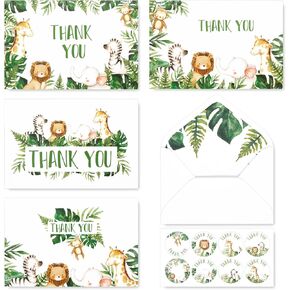 AnyDesign 32 Safari Jungle Thank You Cards with Envelopes Stickers Forest Wild Animals Greenery Greeting Note Cards Gratitude Card Pack for Kids Baby Girls Boy Birthday Baby Shower Party Supplies