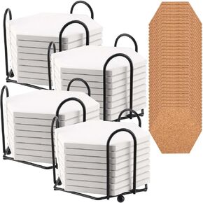 SEUNMUK 32 Pack 4.3 Inch White Ceramic Tiles for Crafts Coasters, Hexagon Unglazed Ceramic Tiles with 32 Cork Backings and 4 Holder, Blank Ceramic Coasters for Painting, Acrylic Pouring, DIY