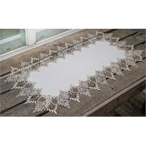 Lace Runner Neutral Earth Tones on White Jacquard Table Runner Dresser Scarf Coffee Table Runner (14Wx27L)