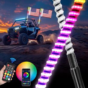 OFFROADTOWN 2PCS 2FT COB LED Whip Lights Bluetooth APP/Remote Control RGB Lighted Whips Turn Signal Light Chasing Warning Light Antenna Spiral LED Whips for UTV SXS SUV RZR Can-Am ATV Truck