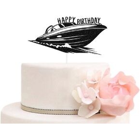 Speedboat Adventure Theme Happy Birthday Cake Topper Nautical Ship Birthday Party Decorations Black Glitter