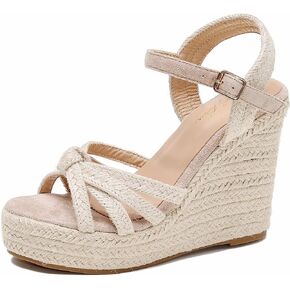 Wedge Sandals for Women with Woven Raffia Upper, High Heel Espadrille Platform Sandals with Braided Knot Ankle Strap Sandals