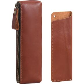 WONDERPOOL Pen Case 2pcs Genuine Leather Pencil Markers Holder Fountain Pen Drawings Pouch Portable Compact Stationery Bag for School Office Travel Organizer