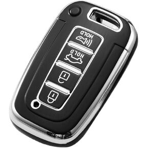 STRAFFI TPU Key Fob Cover Shell for 2011 2012 2013 2014 Kia ​​Rio 2010 2011 2012 2013 Borrego Forte Optima Sorento Soul Sportage Hyundai Equus Azera Sonata Elantra Genesis (4 أزرار فضية سوداء)