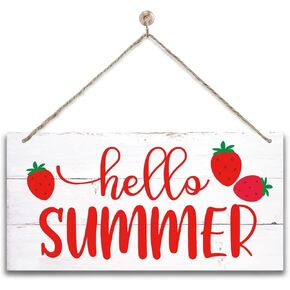 Hello Summer Strawberry Wood Wall Sign, Hanging Wood Sign Home Décor, Wooden Hanging Door Sign, Wall Art Decor, Farmhouse Wall Decoration, Front Door Decor, Summer Home Decor Indoor Outdoor