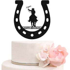 Cowboy Happy Birthday Cake Topper, Western Cowboy Birthday for Western Theme Party Favors Supplies, Black Glitter