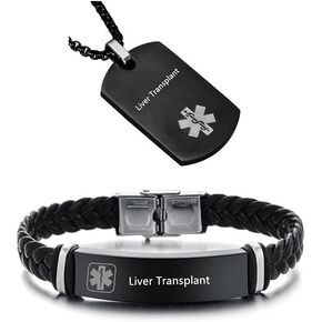 Medical Alert ID Necklaces and Bracelets Set for Men Women Stainless Steel Medic Identification Pendant Necklace & Leather Cuff Bracelet Allergy Awareness Jewelry,Customizable