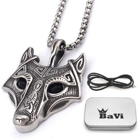 BAVIPOWER Norse Thor Hammer Necklace For Men Mjolnir Pendant Double Wolf Head Fenrir Stainless Steel Keel Chain Viking Jewelry