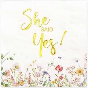 Crisky Engagement Napkins 3-Ply Floral Gold Foil She Said Yes Paper Disposable Napkins for Bachelorette/Engagement/Bridal Shower Party Decoration, 50 Counts