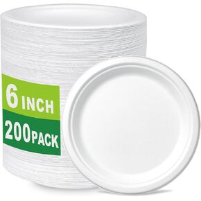 200 Count 6 Inch Small Heavy Duty Compostable Dessert Plates, Biodegradable Bagasse and Bamboo Fiber Paper Plate