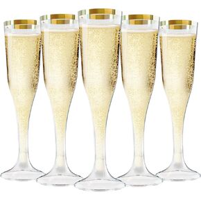 Zcaukya 100 Plastic Champagne Flutes, 4.5oz Clear Disposable Hard Stemware Cups with Golden Rim, Plastic Champagne Glasses for Wedding, Graduation Party, Bridal Shower, Birthday Party