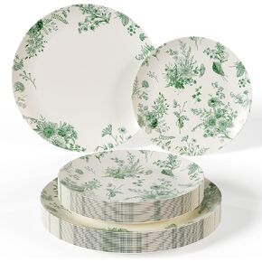 Trendables 40 Piece Plastic Disposable Plates Set For 20 Guests I 20 X 8 Inch Dessert Plates & 20 X 10 Inch Disposable Plastic Plates | Wedding Party Plates | Ivory & Green Verdure Design