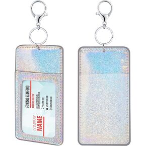 2 Pieces Glitter ID Badge Holder Vertical Badge Clip Key Chain Holder Silicone Card Holder with Clear Window, Key Ring, Metal Clip for Office, Name Card, ID Card (Mermaid Color)