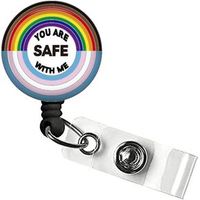 You are Safe with Me Retractable Badge Reel, Cute Rainbow Pride Name Badge Holder Clip, ID Tag Key Card for Social Work Nurse Teacher