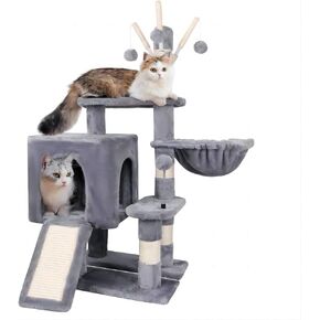 38.6 Inches Cat Tree for Indoor Cats Kittens, Multi-Level Cat Tower with Scratching Post, Cozy Condo, Hammock, Scratch Board, 3 Removable Pompom Sticks, Spring Ball, Grey