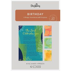 DaySpring - Celebrating You Birthday- King James Version- 4 Design Assortment with Scripture - 12 Geometric Botanical Boxed Cards & Envelopes (J5127)