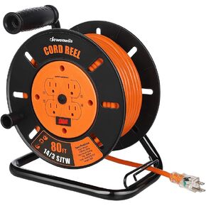 DEWENWILS Retractable Extension Cord Reel, 80FT Heavy Duty Open Cord Reel for Indoor Outdoor, 14/3 AWG SJTW, 4 Grounded Outlets, 13 Amp Circuit Breaker,Handle Rewind, Metal Stand, ETL Listed