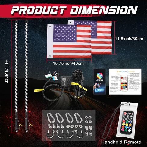 OFFROADTOWN 2PCS 2FT COB LED Whip Lights Bluetooth APP/Remote Control RGB Lighted Whips Turn Signal Light Chasing Warning Light Antenna Spiral LED Whips for UTV SXS SUV RZR Can-Am ATV Truck in Kuwait