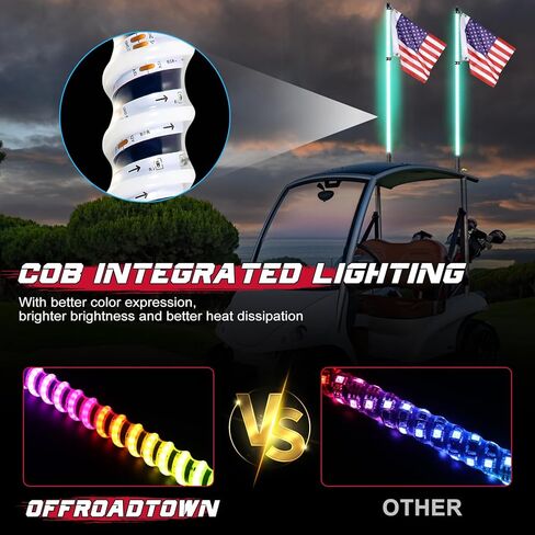 OFFROADTOWN 2PCS 2FT COB LED Whip Lights Bluetooth APP/Remote Control RGB Lighted Whips Turn Signal Light Chasing Warning Light Antenna Spiral LED Whips for UTV SXS SUV RZR Can-Am ATV Truck in Kuwait