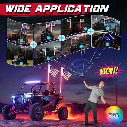 OFFROADTOWN 2PCS 2FT COB LED Whip Lights Bluetooth APP/Remote Control RGB Lighted Whips Turn Signal Light Chasing Warning Light Antenna Spiral LED Whips for UTV SXS SUV RZR Can-Am ATV Truck in Kuwait