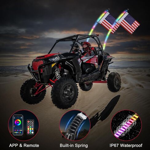 OFFROADTOWN 2PCS 2FT COB LED Whip Lights Bluetooth APP/Remote Control RGB Lighted Whips Turn Signal Light Chasing Warning Light Antenna Spiral LED Whips for UTV SXS SUV RZR Can-Am ATV Truck in Kuwait