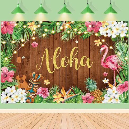 Summer Aloha Luau Party Backdrop Hawaiian Flamingo Background Palm Leaves Floral Wood Decor Banner Happy Birthday Photo Photography Supplies (7x5FT) in Kuwait