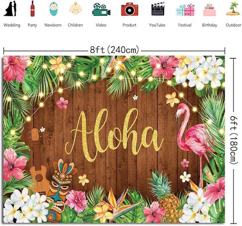Summer Aloha Luau Party Backdrop Hawaiian Flamingo Background Palm Leaves Floral Wood Decor Banner Happy Birthday Photo Photography Supplies (7x5FT) in Kuwait
