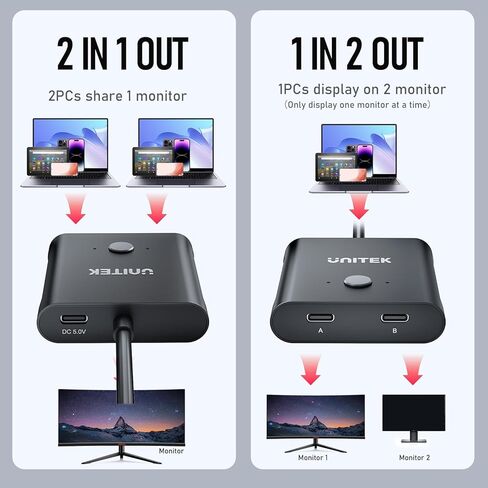 Unitek ثنائي الاتجاه USB C Switcher 1 في 2 خارج/2 في 1 خارج USB محدد التبديل 2 أجهزة كمبيوتر مشاركة 1 أجهزة USB KVM Switch100W شحن 8K @ 60 هرتز فيديو 10 جيجابت في الثانية كابلات USB-C لنقل البيانات متضمنة باللون الأسود in Kuwait